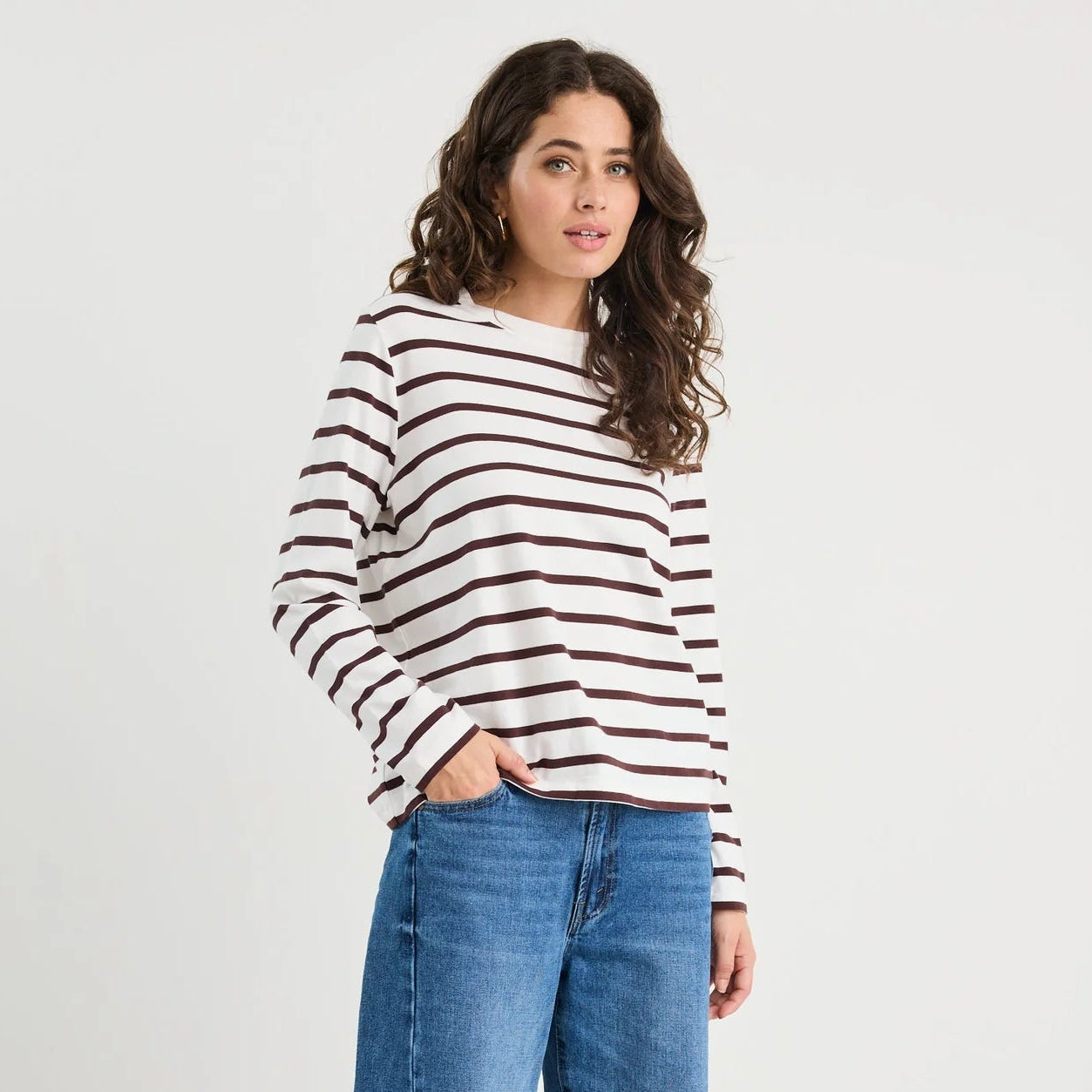 Tether LS Boxy Tee - Chocolate White Stripe