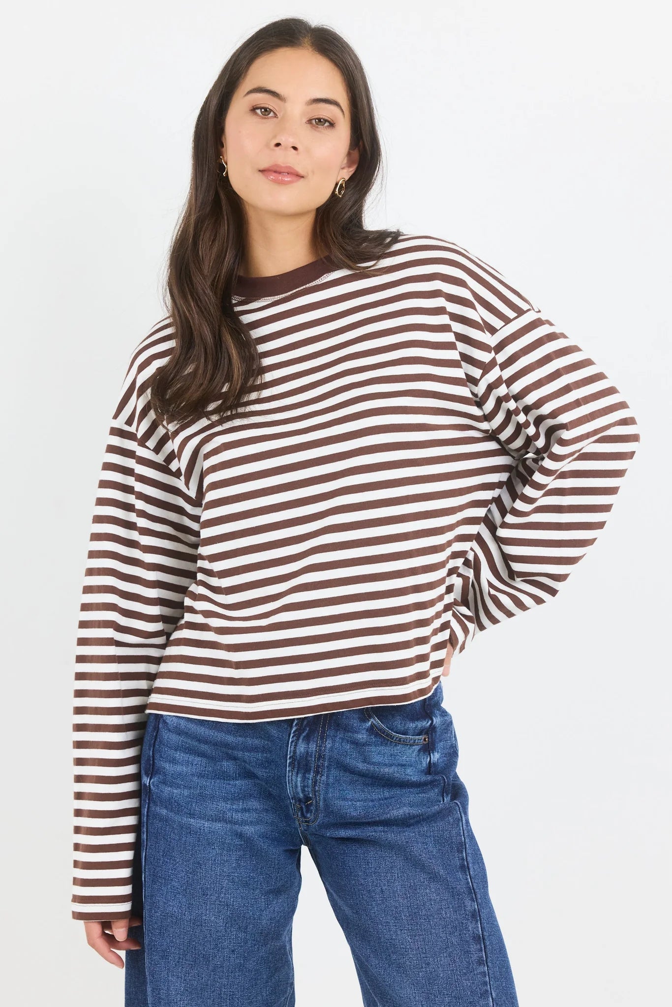 Unite Contrast Binding Tee L/S - Chocolate White Stripe
