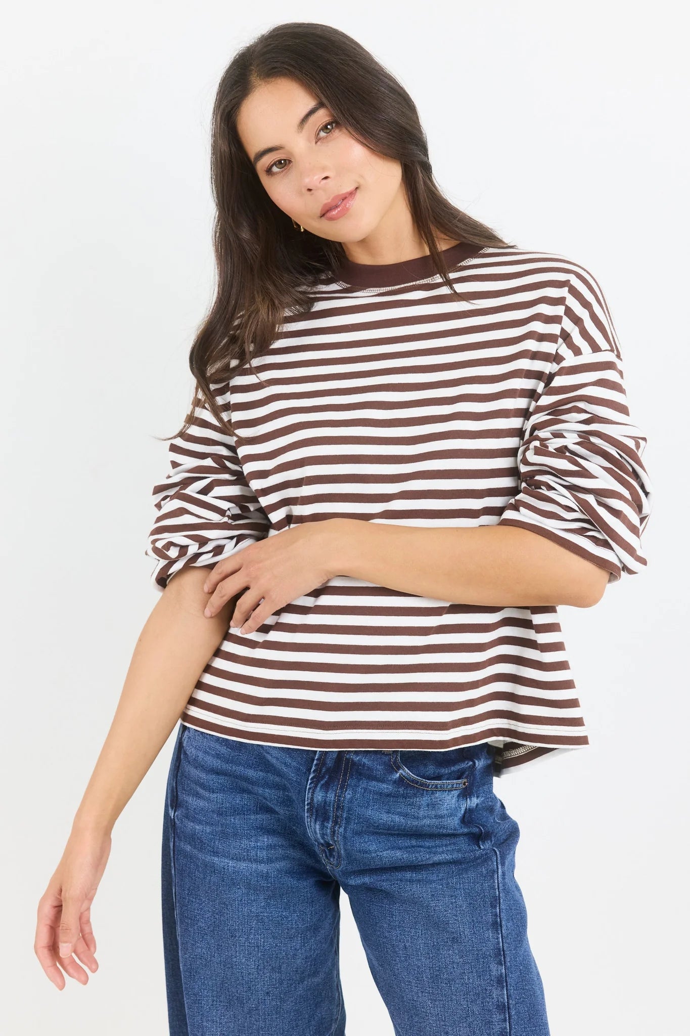 Unite Contrast Binding Tee L/S - Chocolate White Stripe