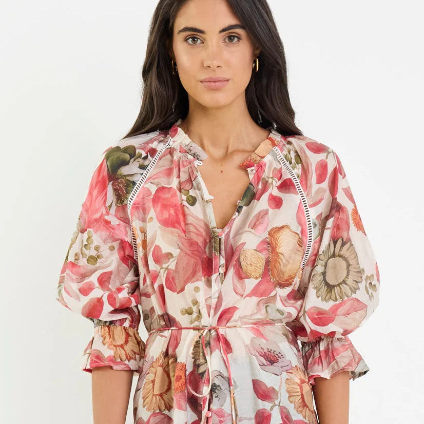 Usher Belted Button Front Top - Blush Woodland Floral