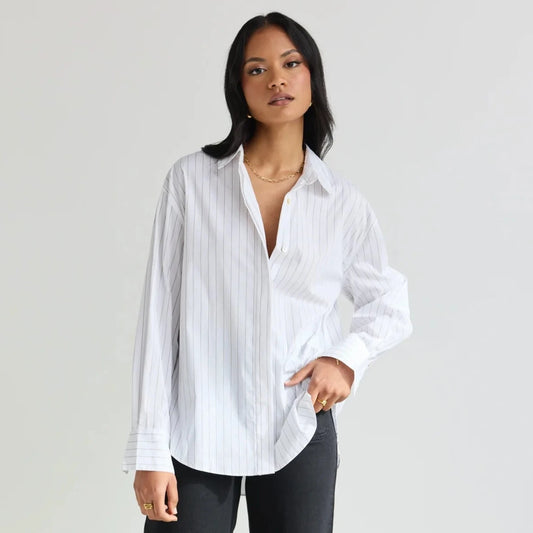 Vantage Cotton Button Front Shirt - Taupe Stripe