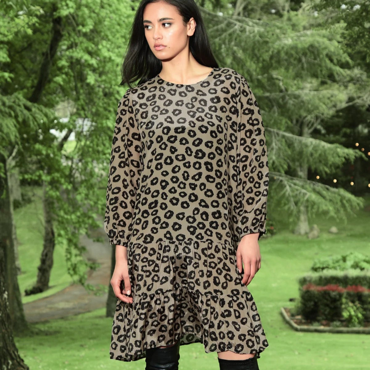 Tier My Heart Dress - Beige Leopard