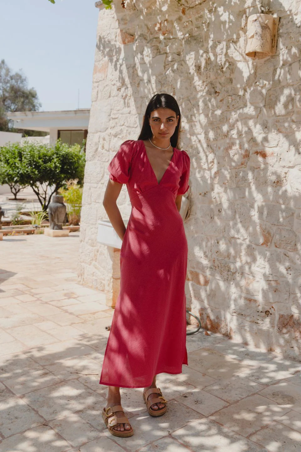 Amora Short Sleeve Bias Midi Dress - Raspberry Ditsy Gingham