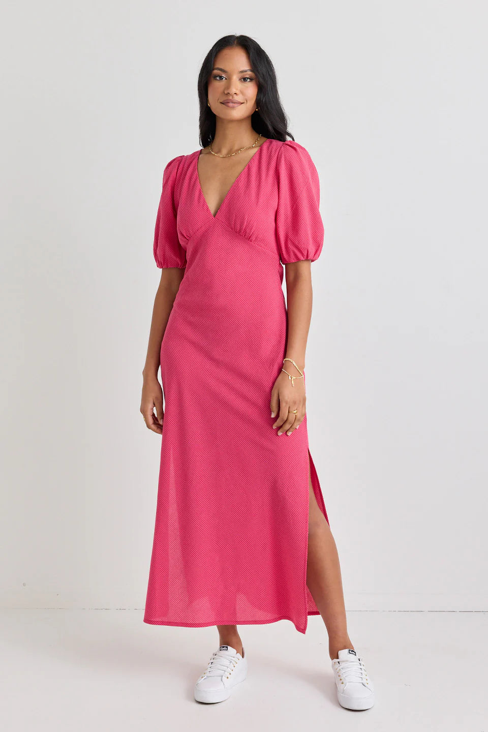 Amora Short Sleeve Bias Midi Dress - Raspberry Ditsy Gingham
