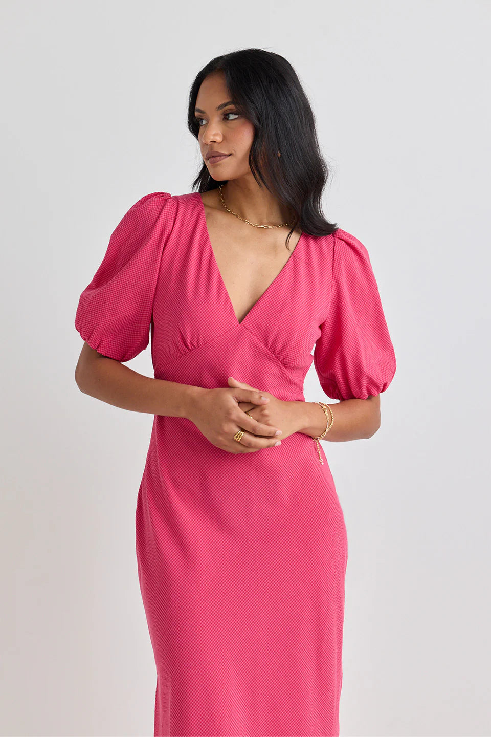 Amora Short Sleeve Bias Midi Dress - Raspberry Ditsy Gingham