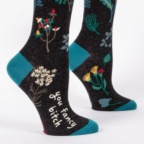 Floral-patterned socks with text on a white background