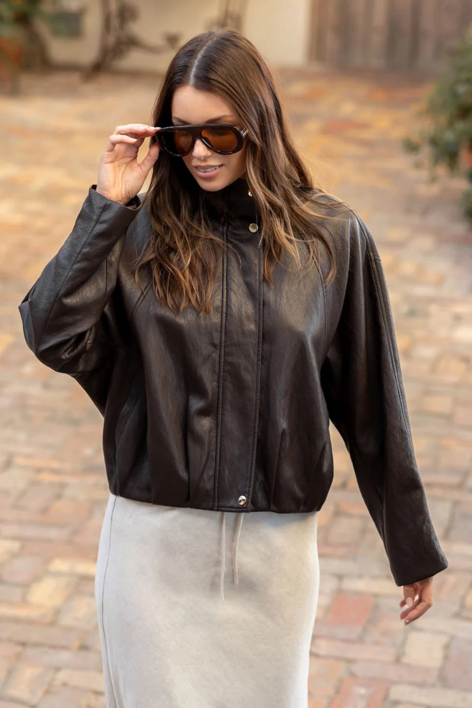 Ensemble Faux Leather Funnel Neck Jacket