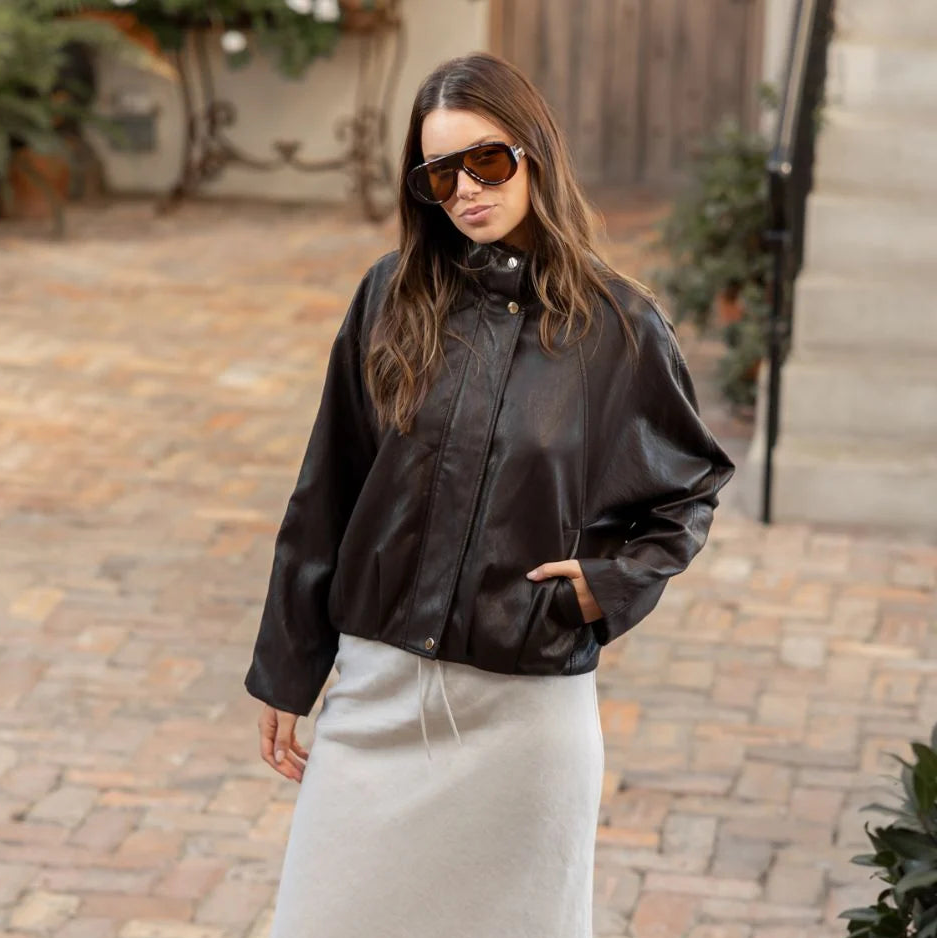 Ensemble Faux Leather Funnel Neck Jacket