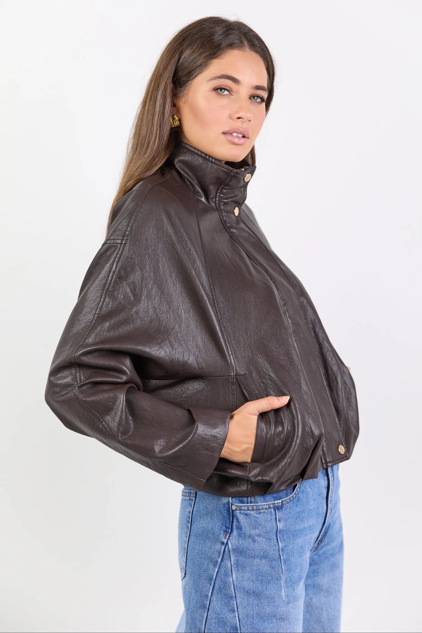 Ensemble Faux Leather Funnel Neck Jacket