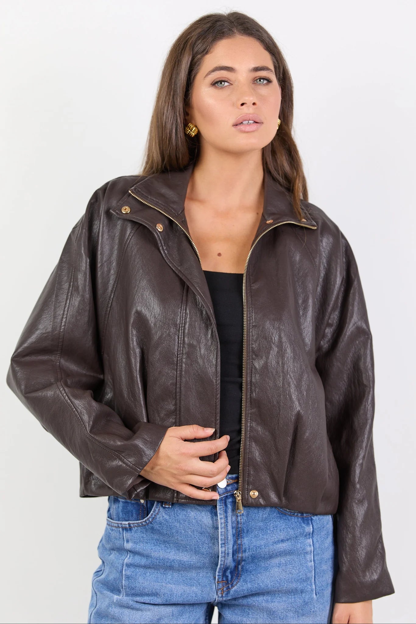 Ensemble Faux Leather Funnel Neck Jacket