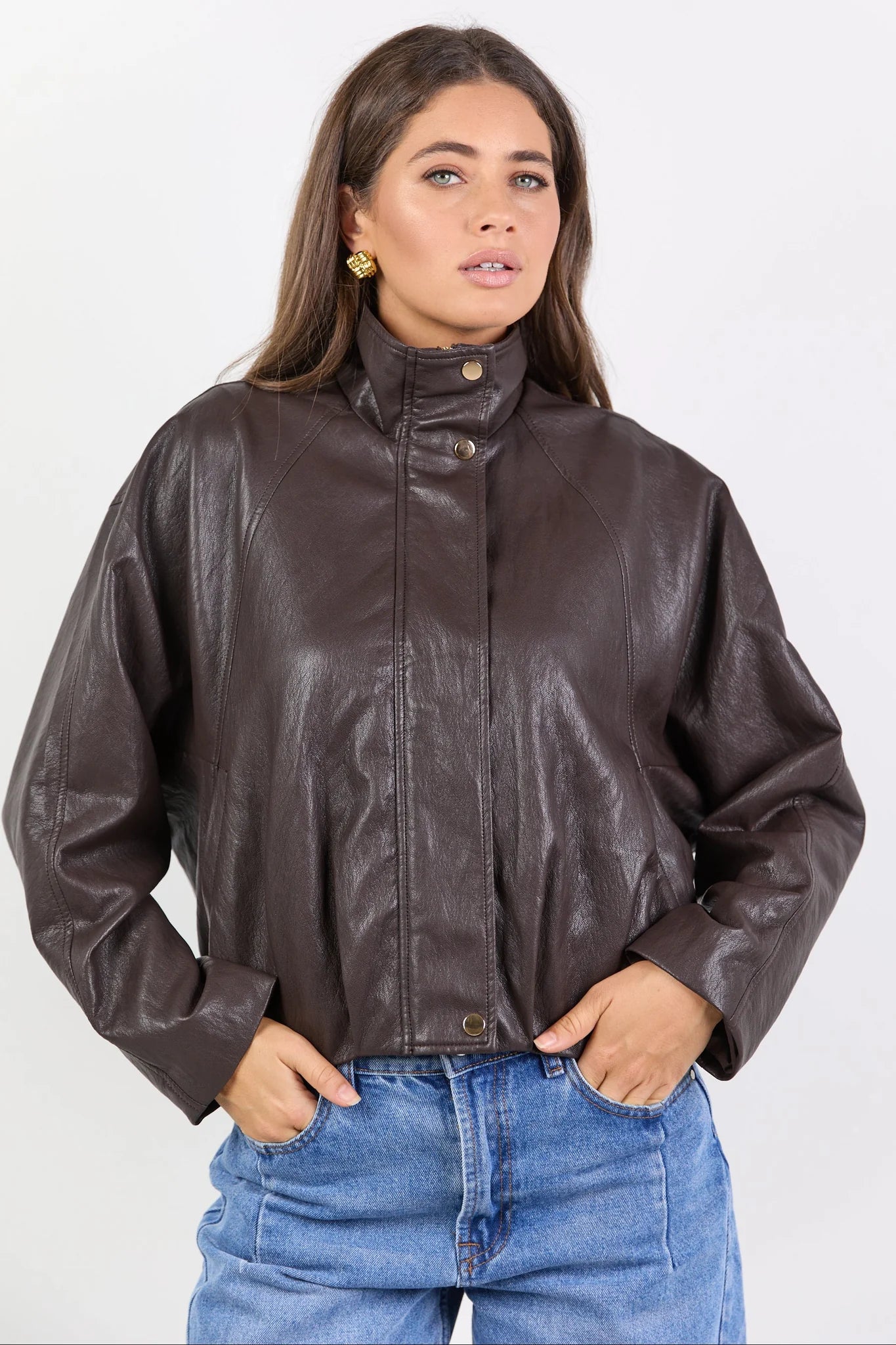 Ensemble Faux Leather Funnel Neck Jacket