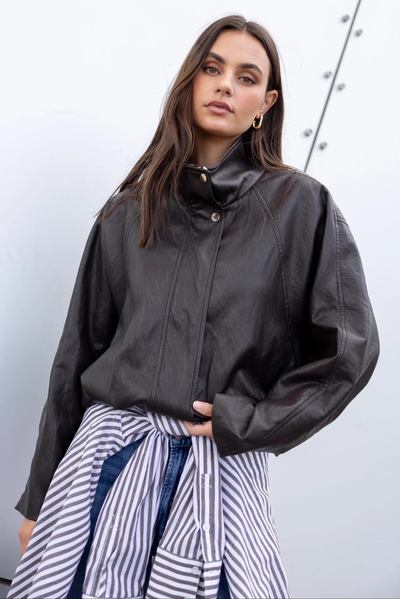 Ensemble Faux Leather Funnel Neck Jacket