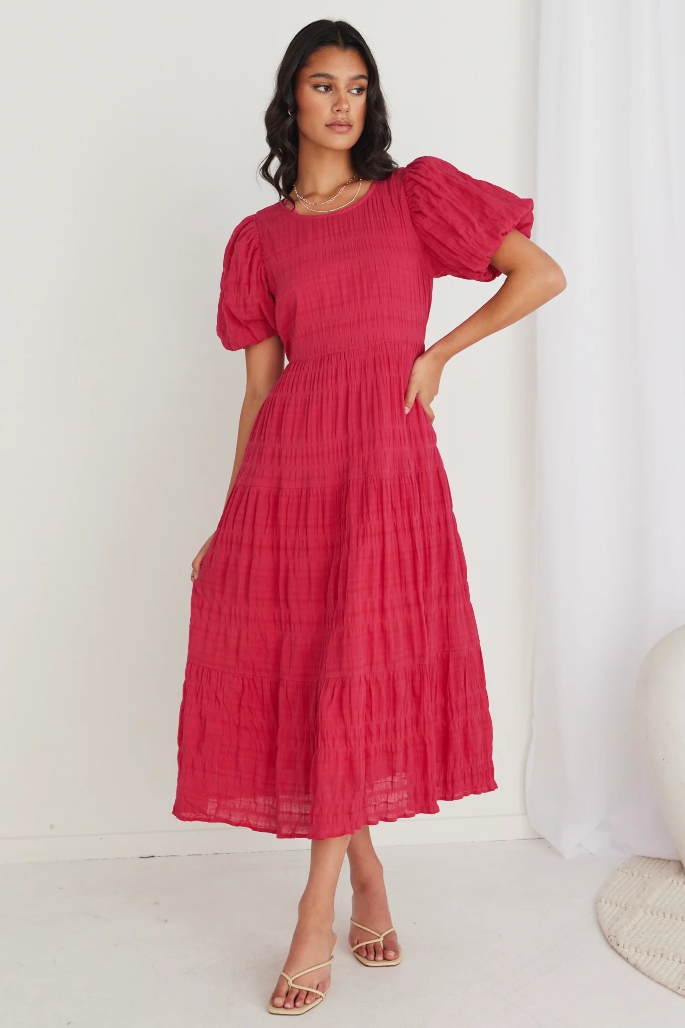 Graceful Shirred Cotton Tiered Maxi Dress - Raspberry