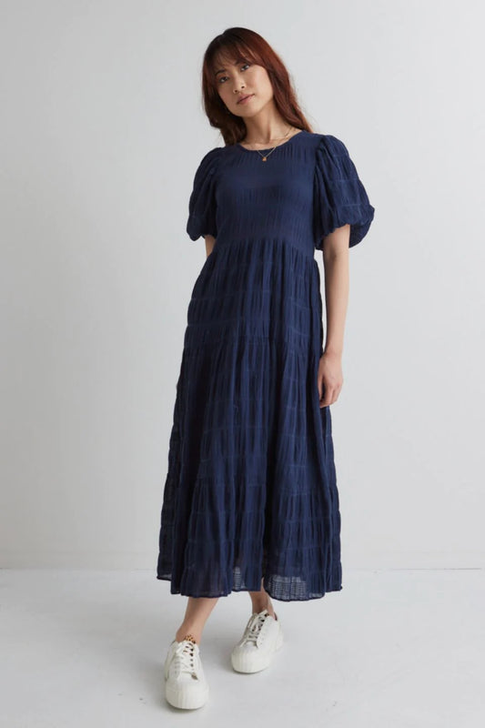 Graceful Shirred Tiered Maxi Dress - Navy