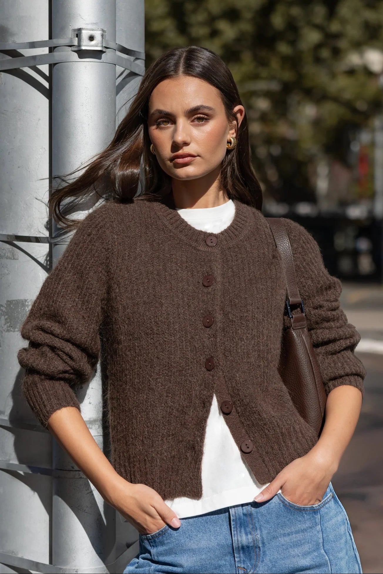 Highlight Mohair Blend Crewneck Cardigan - Chocolate