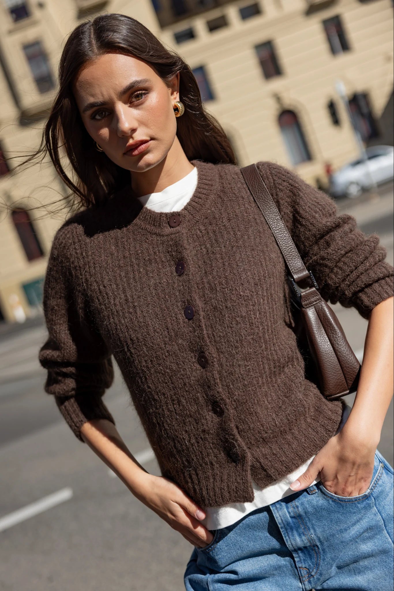Highlight Mohair Blend Crewneck Cardigan - Chocolate