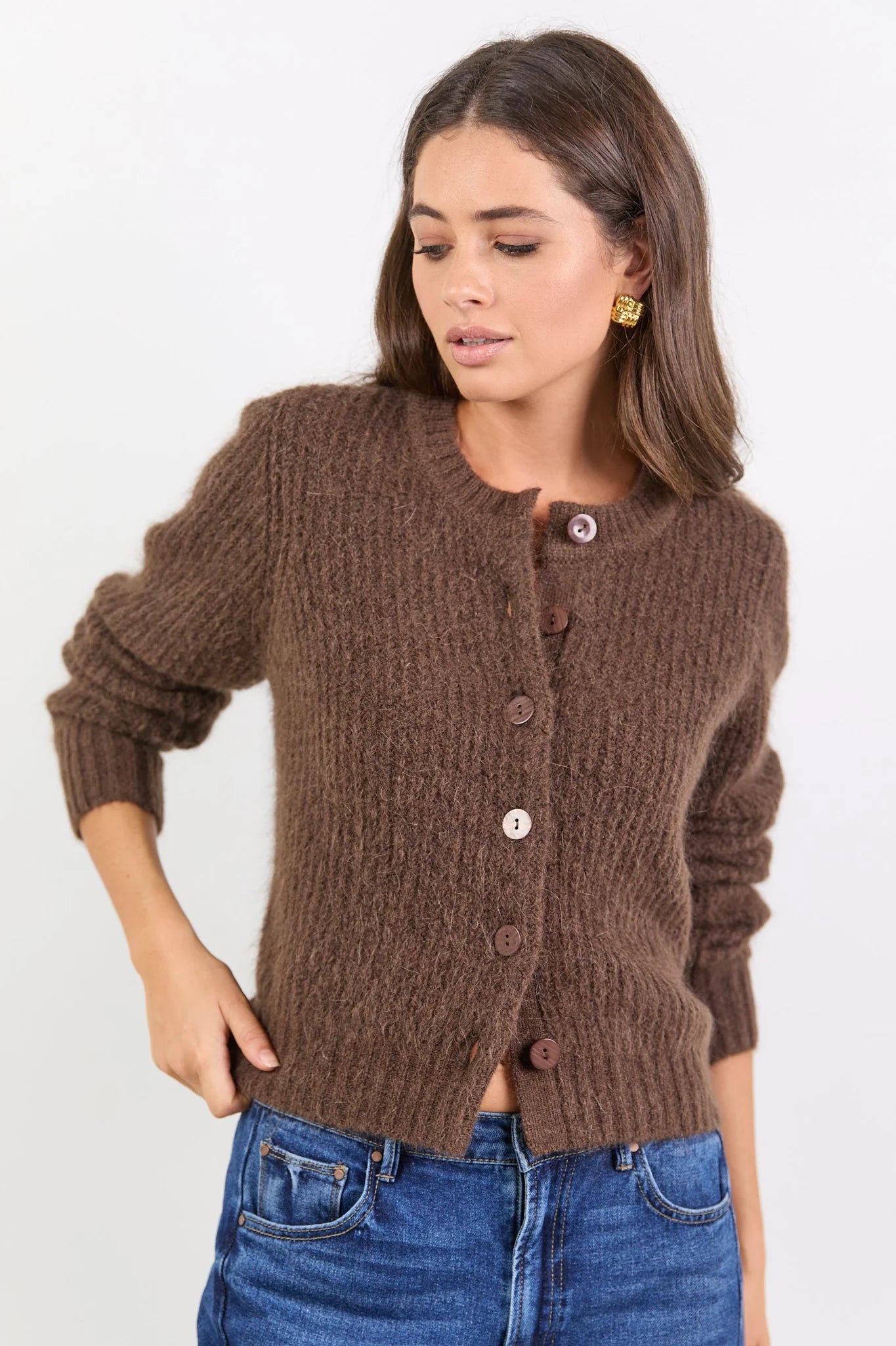 Highlight Mohair Blend Crewneck Cardigan - Chocolate