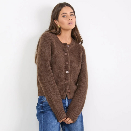 Highlight Mohair Blend Crewneck Cardigan - Chocolate