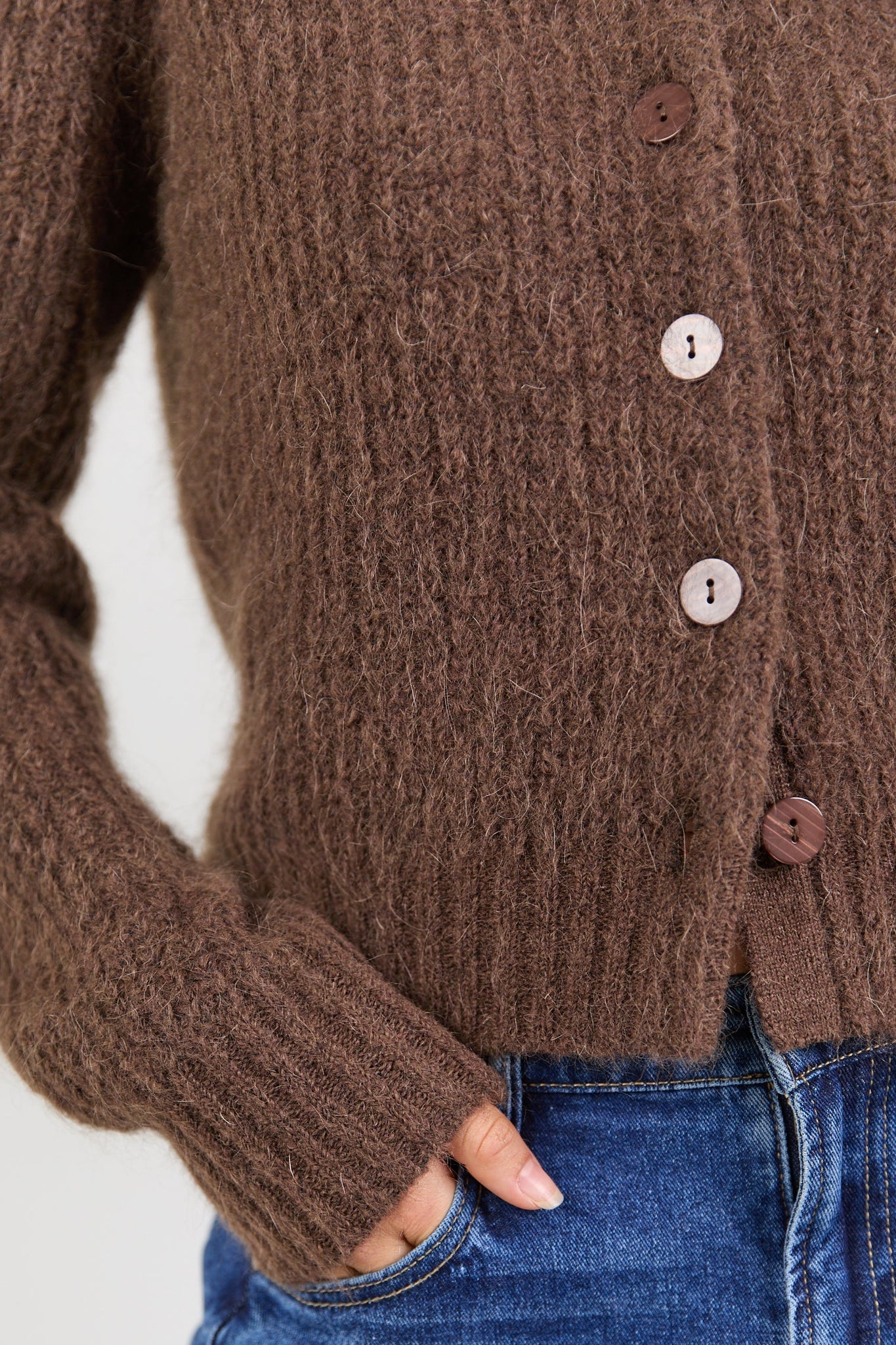 Highlight Mohair Blend Crewneck Cardigan - Chocolate