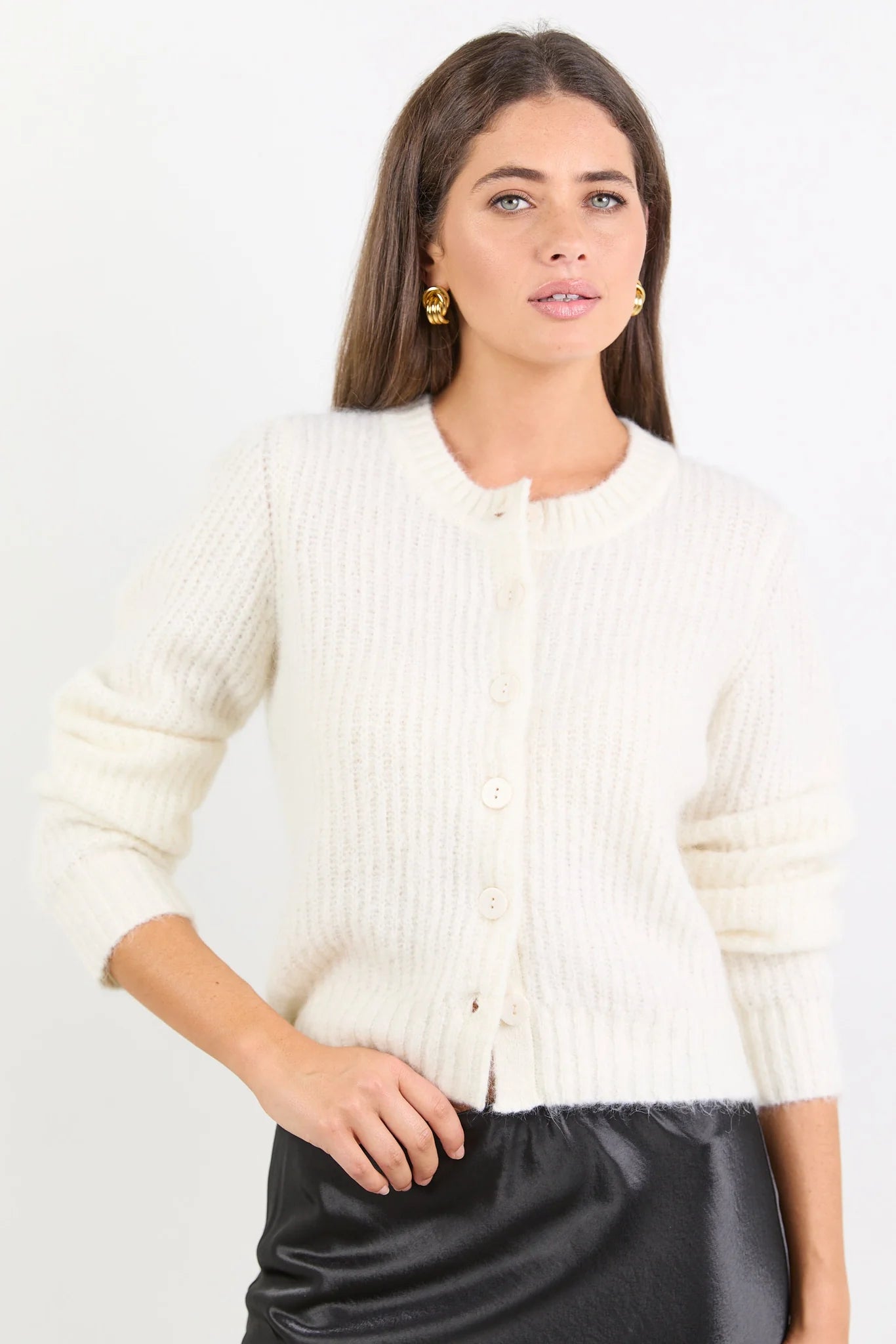Highlight Mohair Blend Crewneck Cardigan - Ivory