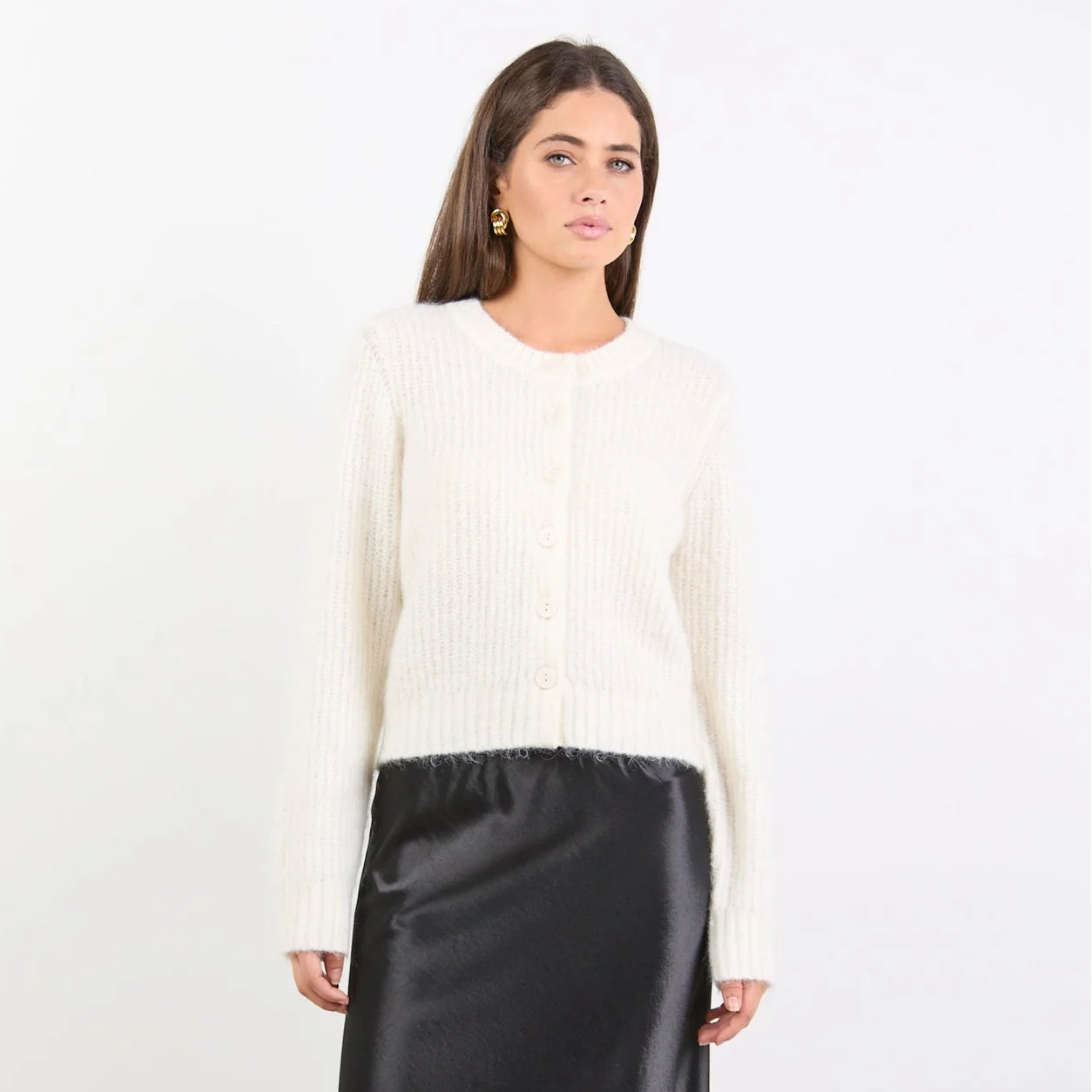 Highlight Mohair Blend Crewneck Cardigan - Ivory