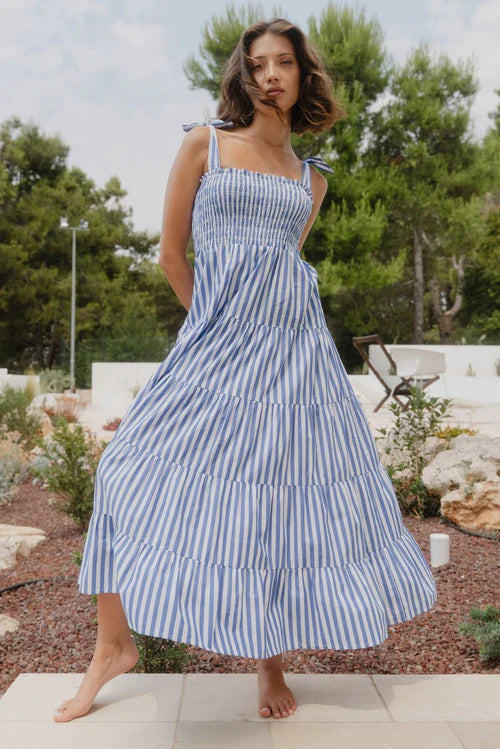 Isabella Strappy Maxi Dress - Bright Blue Stripe