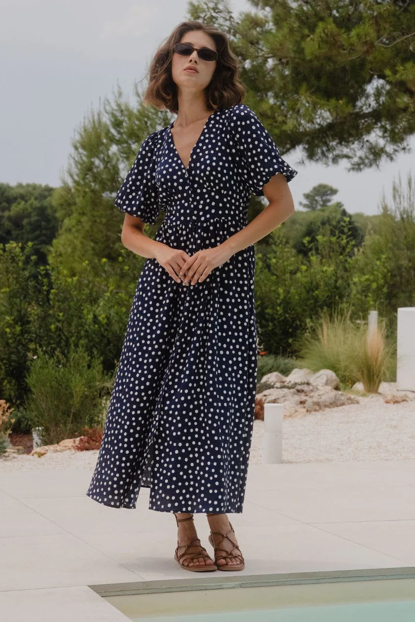 Lisbon Puff Sleeve Midi Dress - Navy Polka Dot