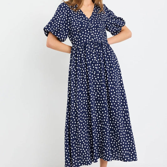 Lisbon Puff Sleeve Midi Dress - Navy Polka Dot