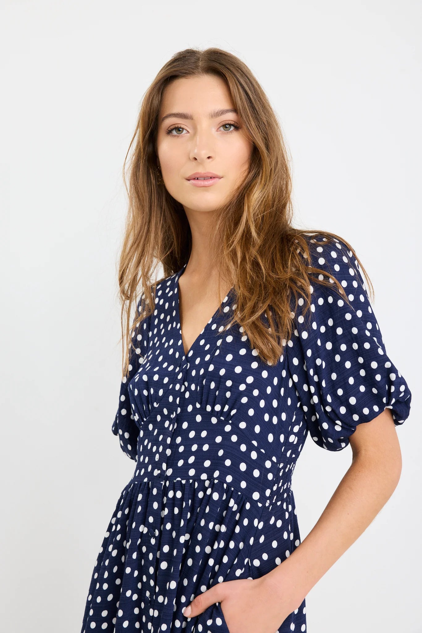 Lisbon Puff Sleeve Midi Dress - Navy Polka Dot