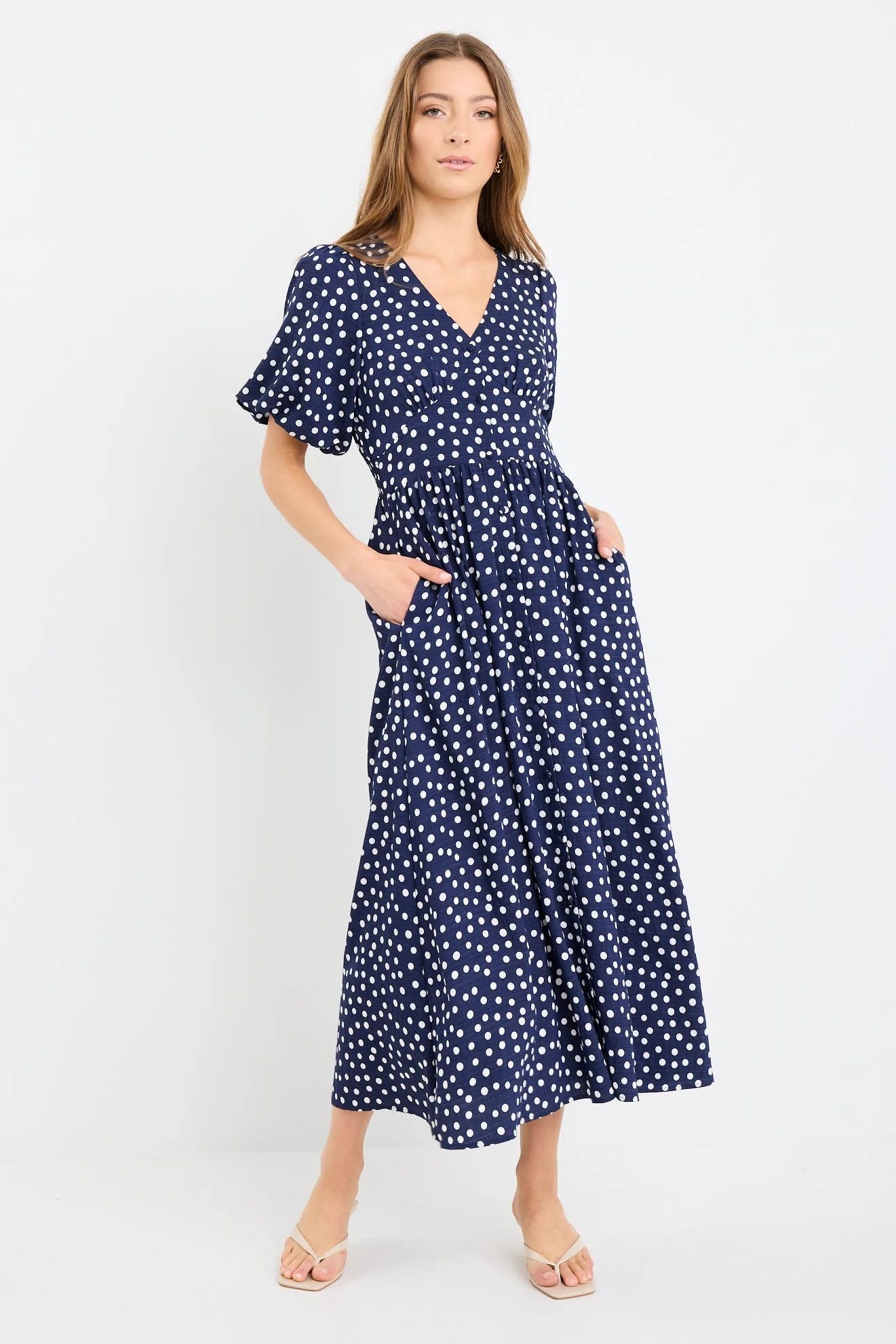 Lisbon Puff Sleeve Midi Dress - Navy Polka Dot