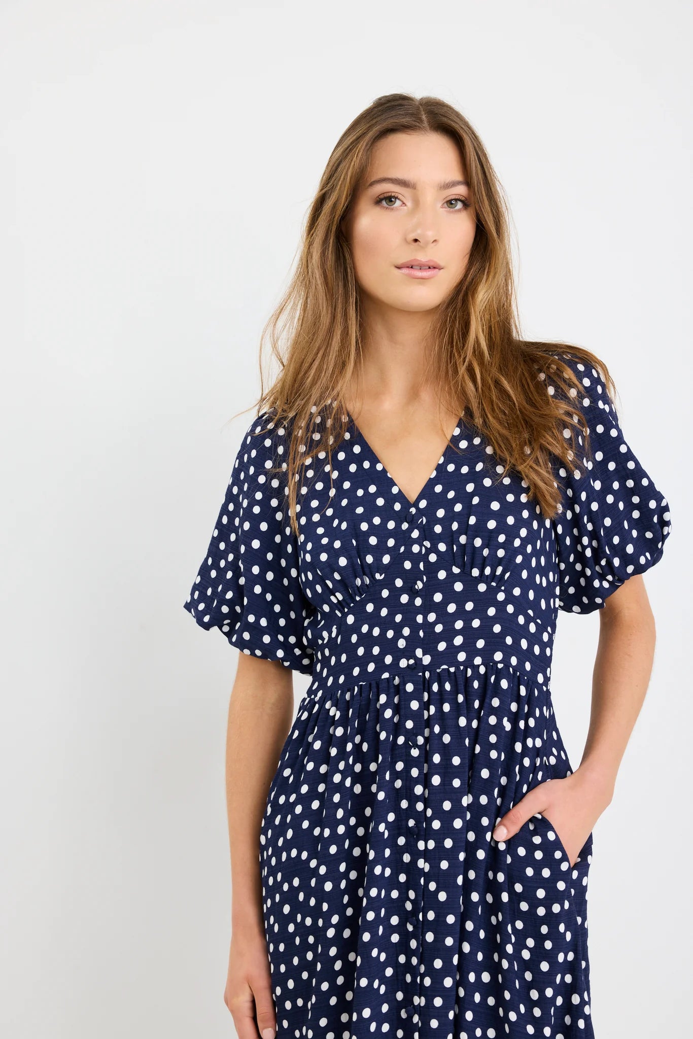 Lisbon Puff Sleeve Midi Dress - Navy Polka Dot
