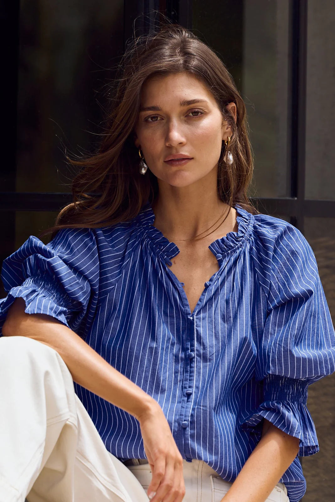 Noetic Short Sleeve Blouse - Dark Blue Stripe