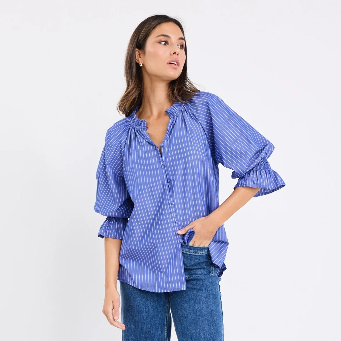Noetic Short Sleeve Blouse - Dark Blue Stripe