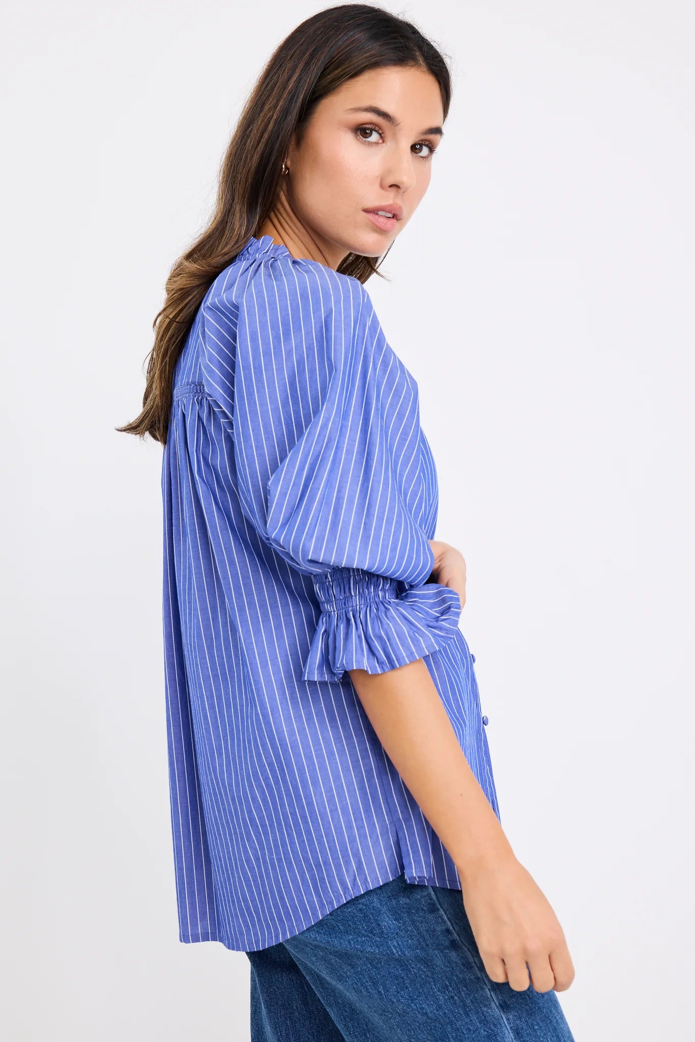 Noetic Short Sleeve Blouse - Dark Blue Stripe
