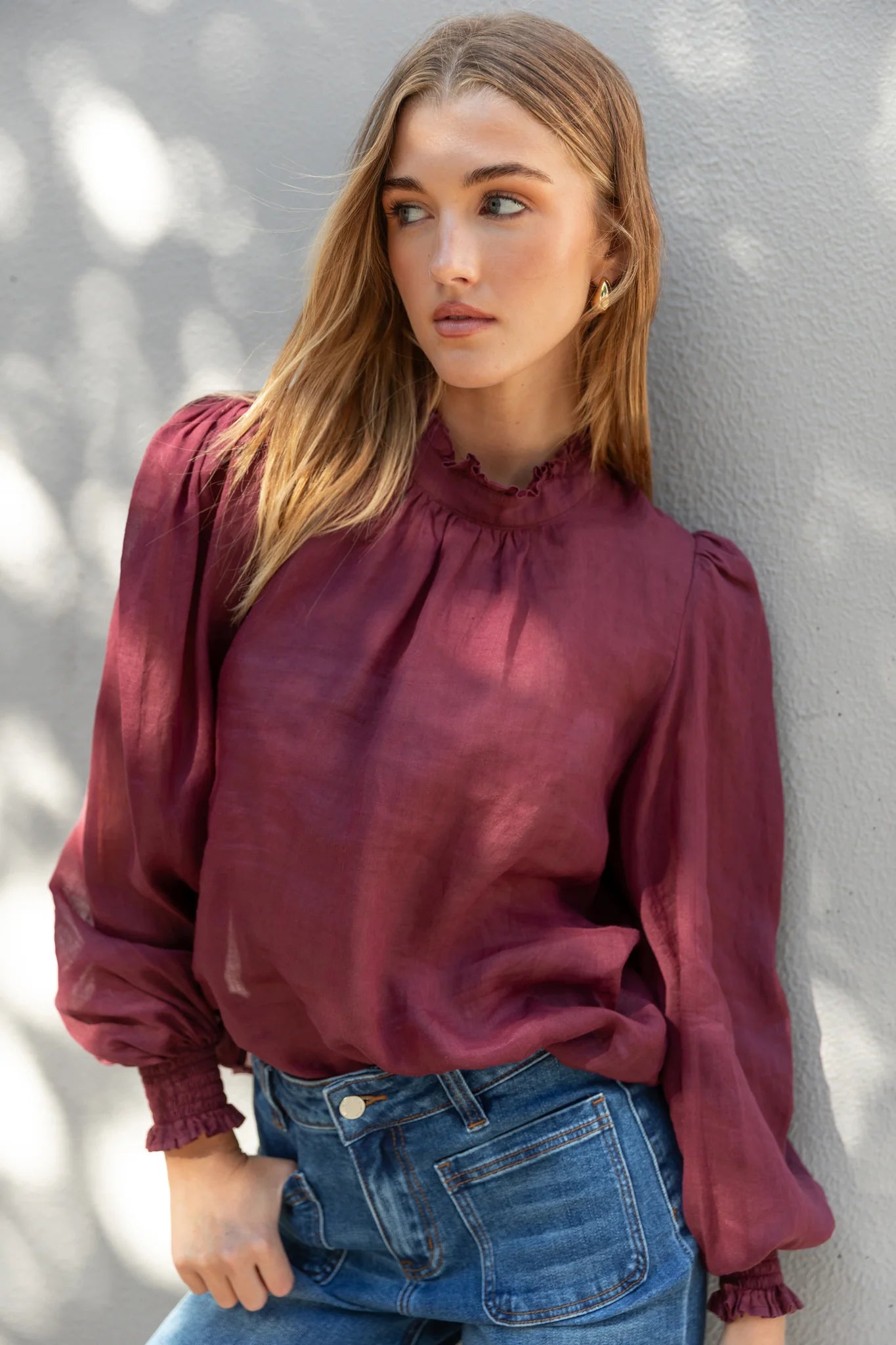 Poet Sheer High Neck Top - Burgundy Plum
