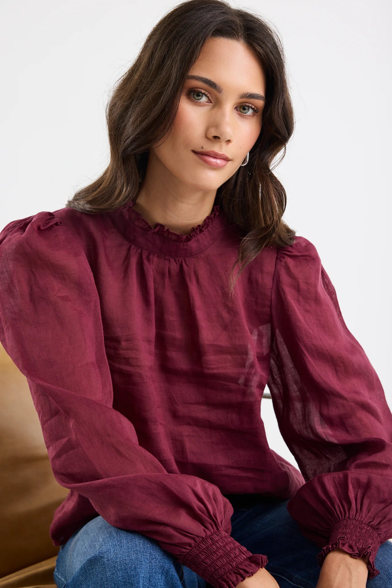 Poet Sheer High Neck Top - Burgundy Plum
