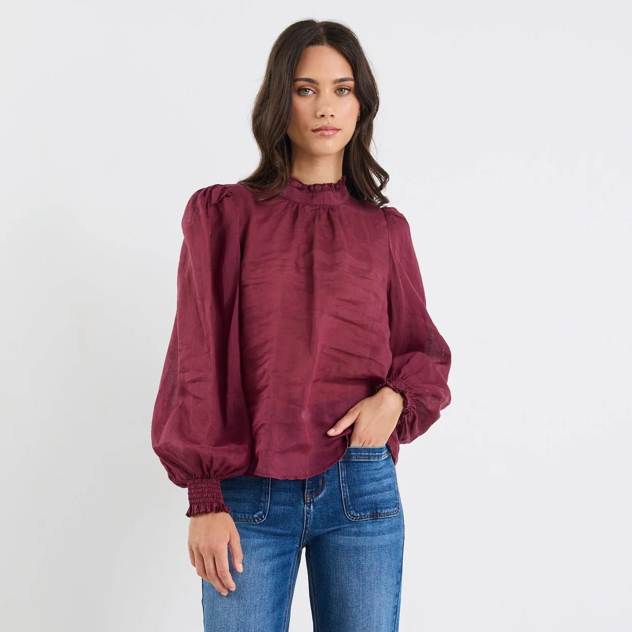 Poet Sheer High Neck Top - Burgundy Plum