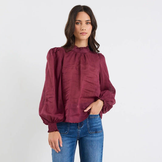 Poet Sheer High Neck Top - Burgundy Plum