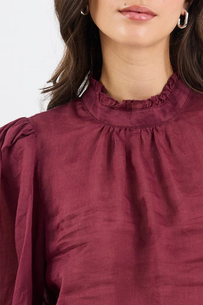 Poet Sheer High Neck Top - Burgundy Plum