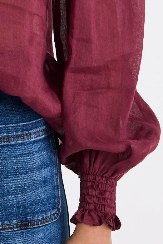Poet Sheer High Neck Top - Burgundy Plum