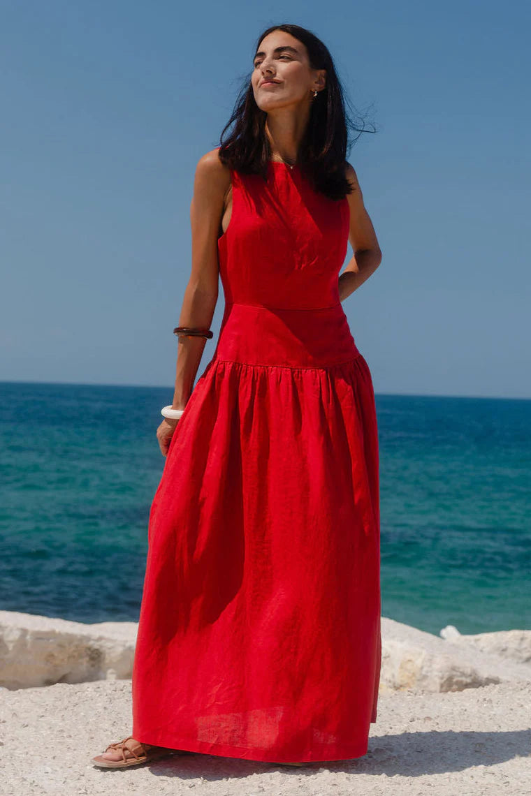 Results Linen Sleeveless Maxi Dress - Red