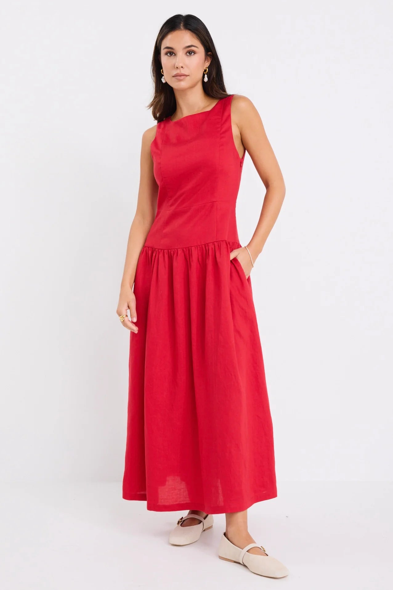 Results Linen Sleeveless Maxi Dress - Red