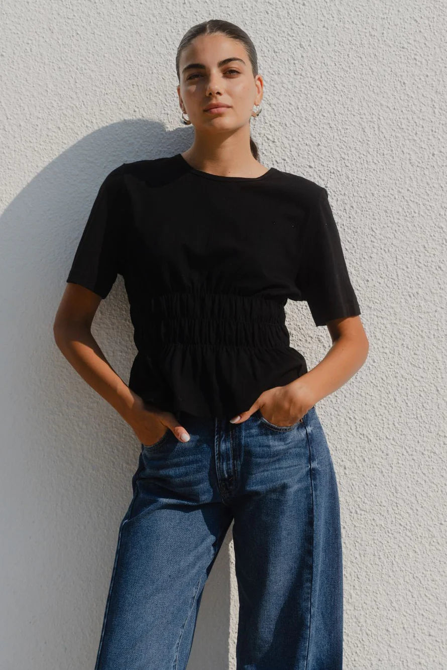Svelte Shirred Detail Tee - Black