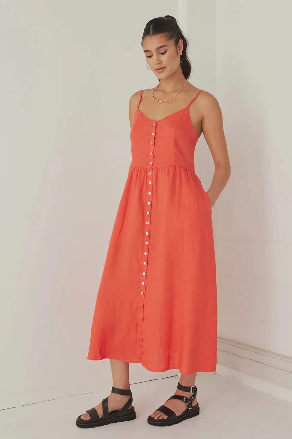Visionary Linen Strappy Button Front Midi Dress - Sunset