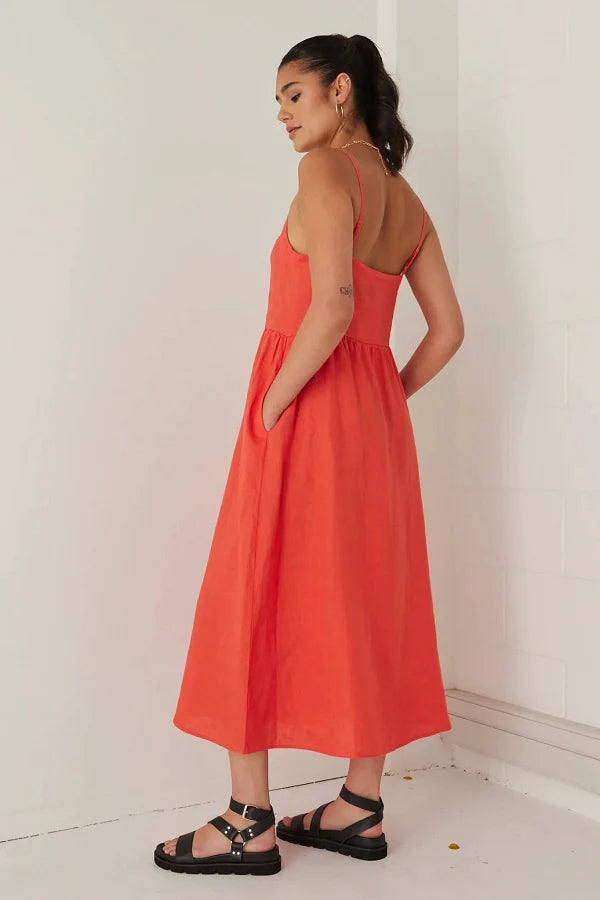 Visionary Linen Strappy Button Front Midi Dress Sunset Ruby Six